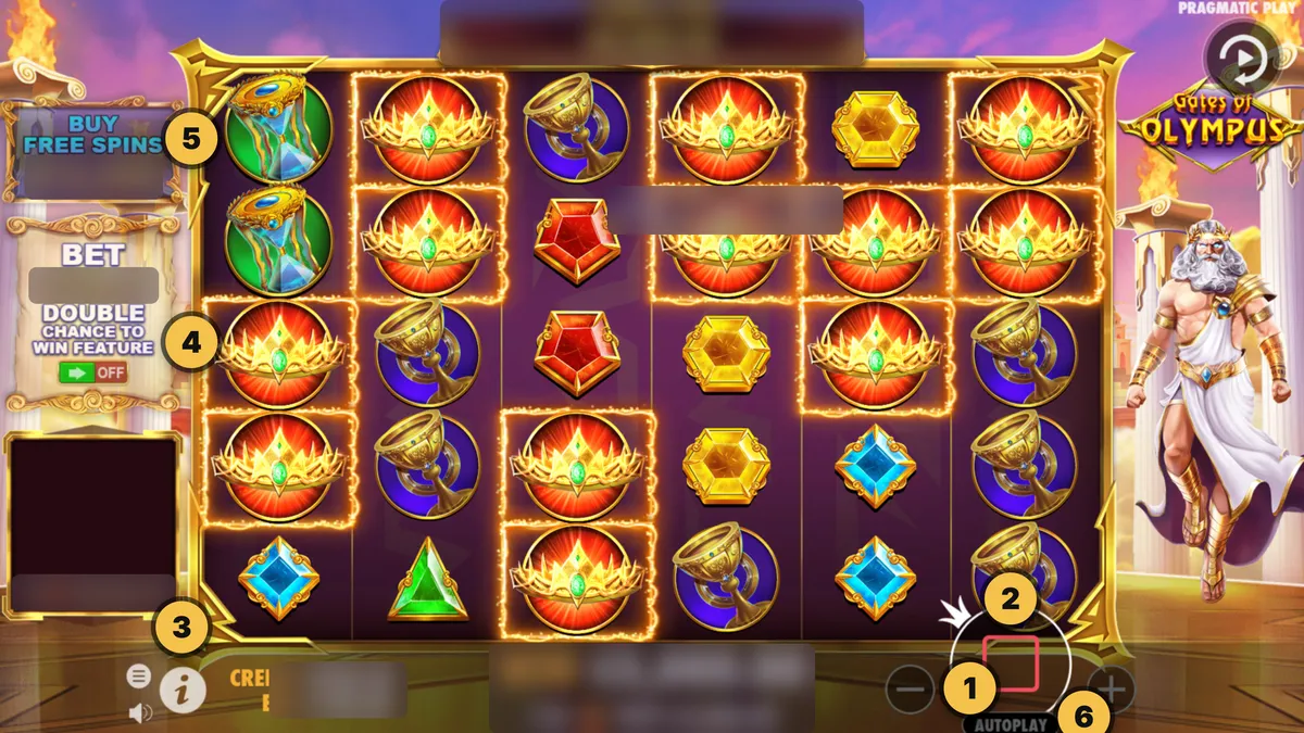 Pantalla de Gates of Olympus con sus botones numerados