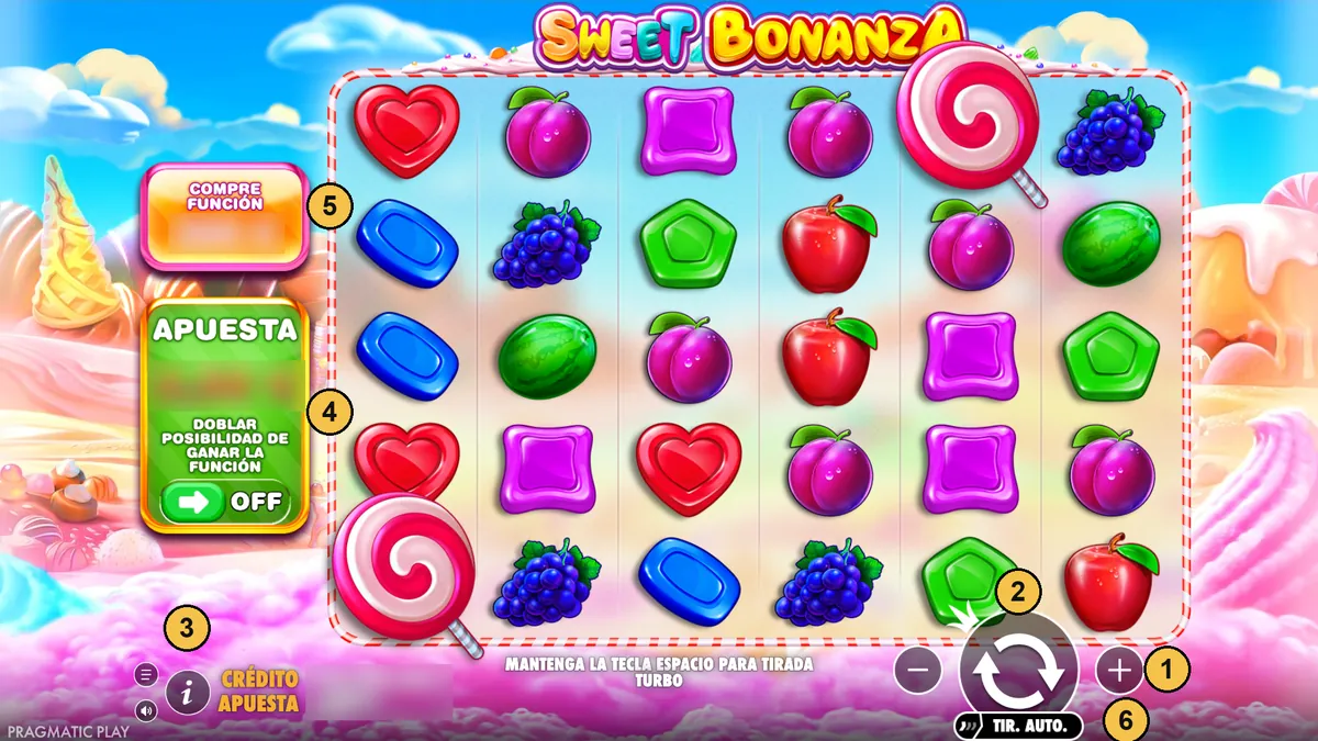 Pantalla de Sweet Bonanza con sus botones numerados
